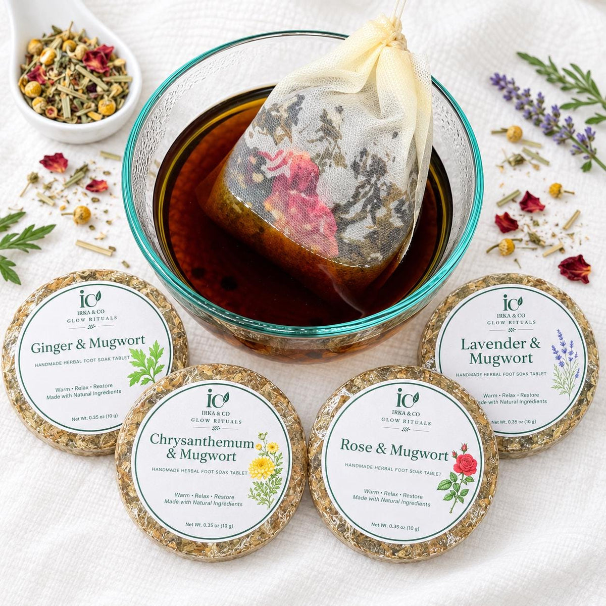 Rose and mugwort foot soak tablet with deep rose petals