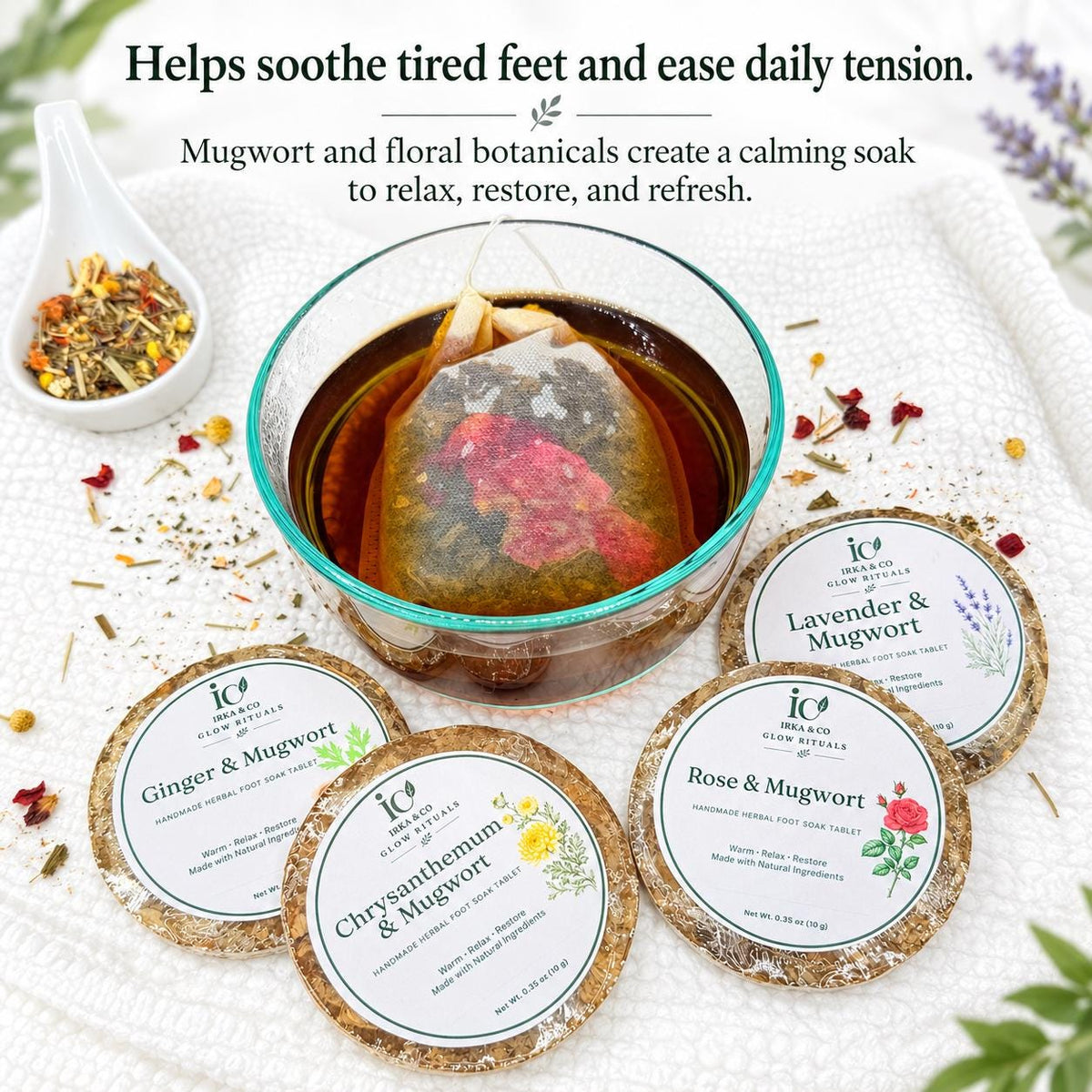 Foot soak tablet opening in a basin of warm water