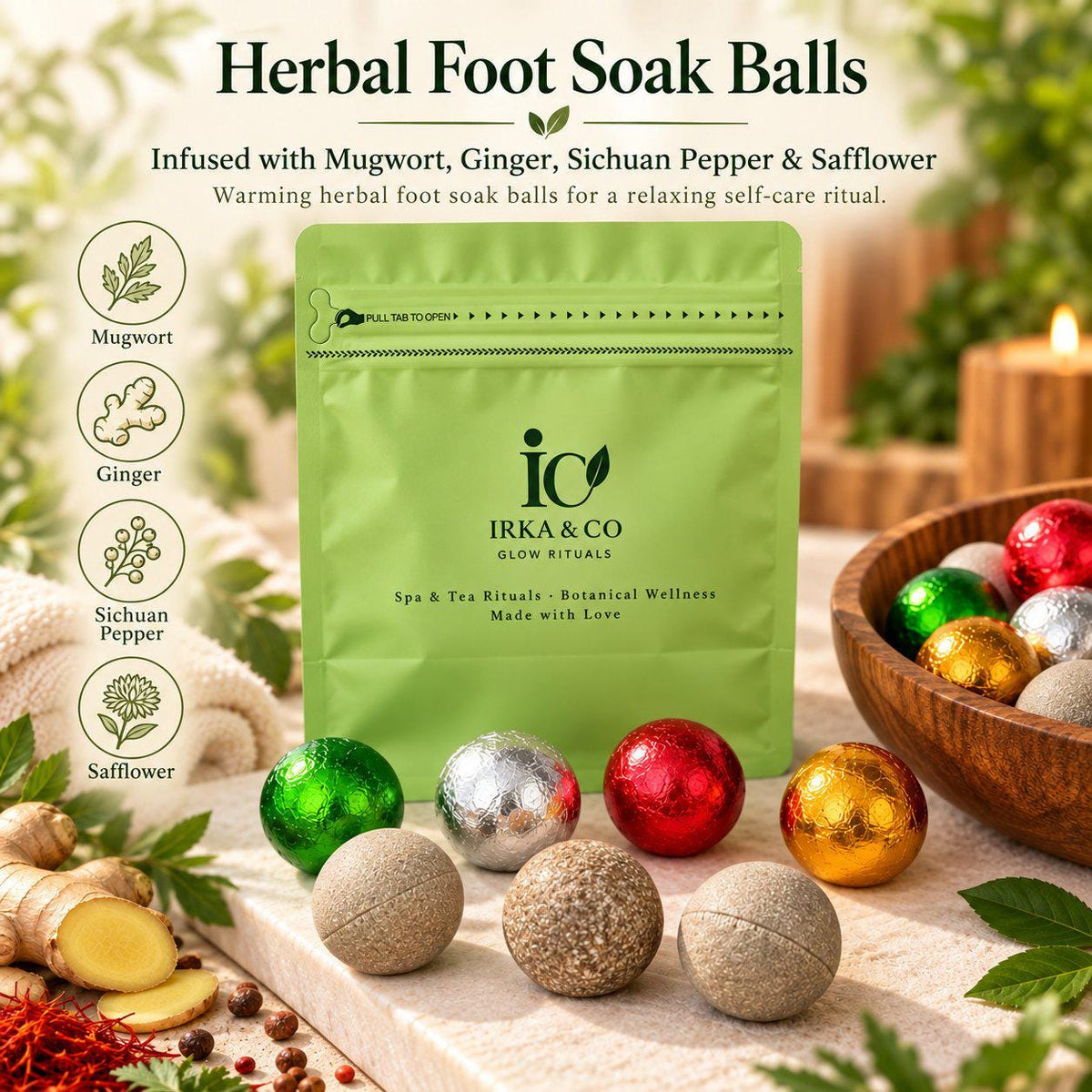 Herbal foot soak balls as a cozy winter self care gift
