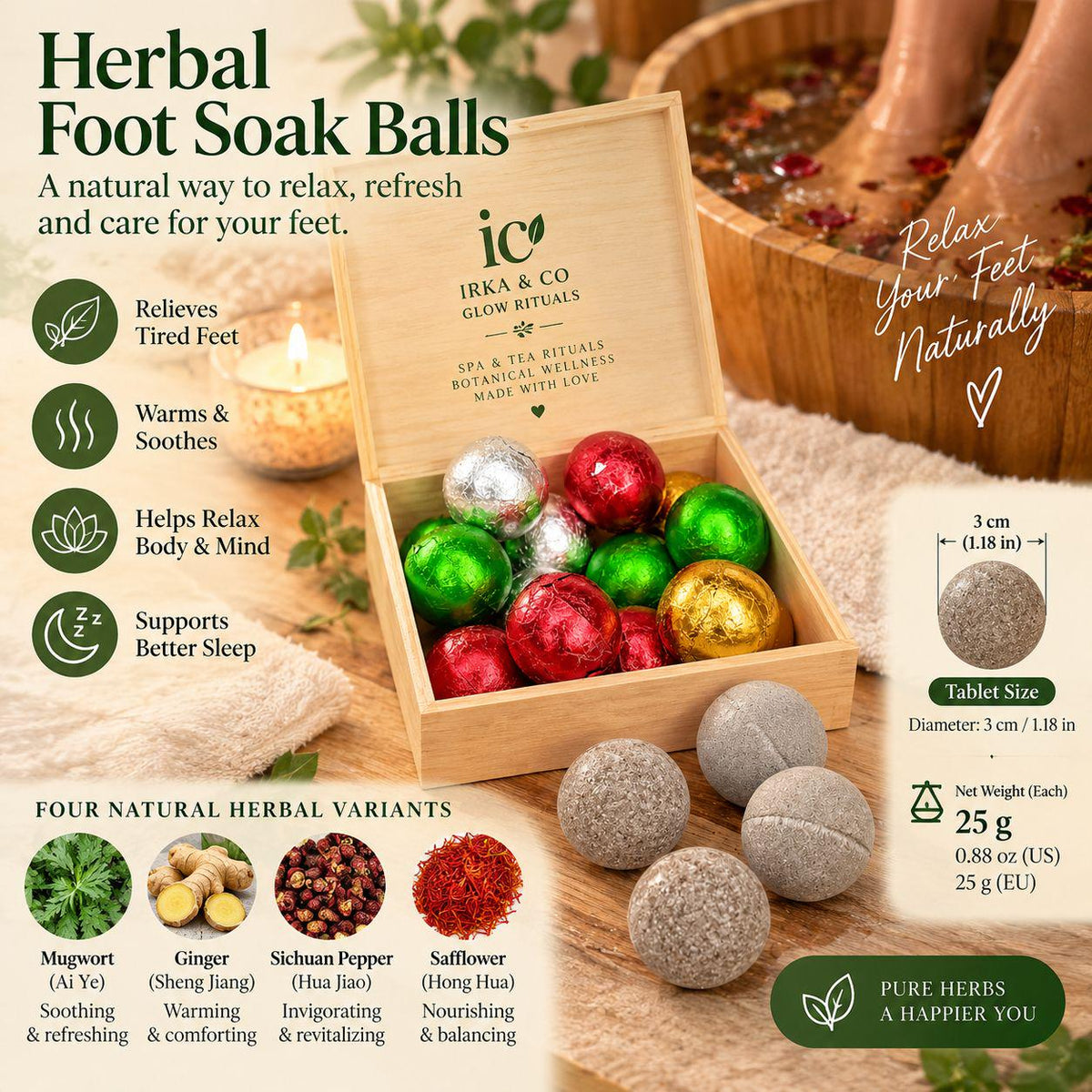Stocking stuffer size herbal foot soak balls from Irka & Co.