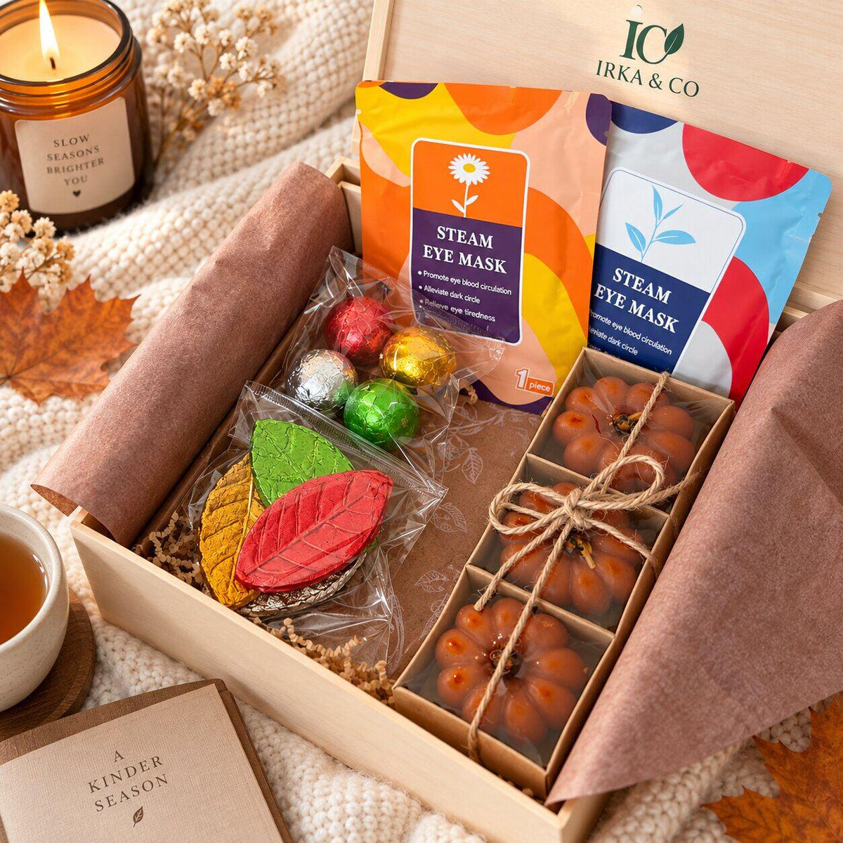 Fall spa gift box for her, styled on linen with autumn leaves