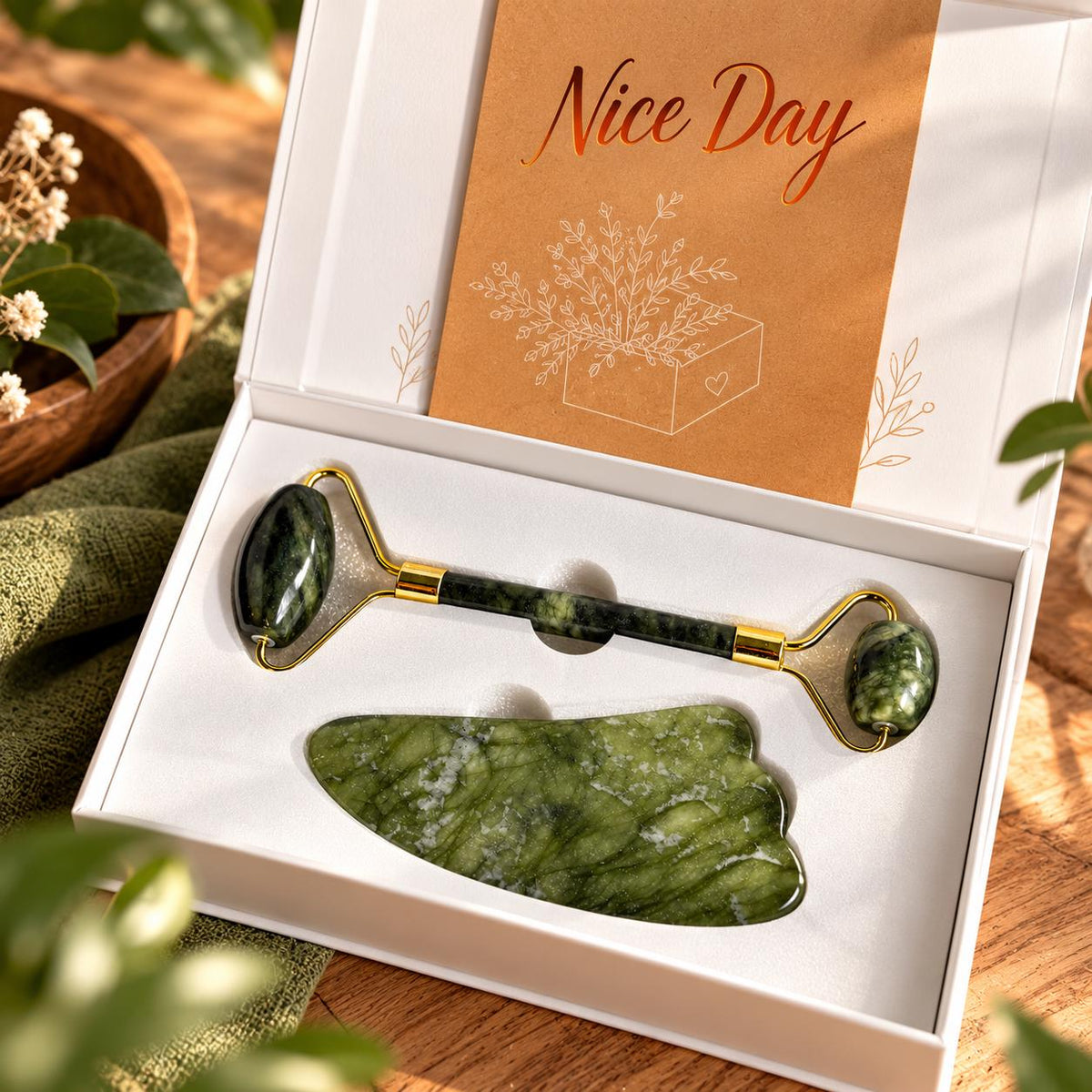 Jade Gua Sha & Roller Ritual Duo in gift box with personalized card