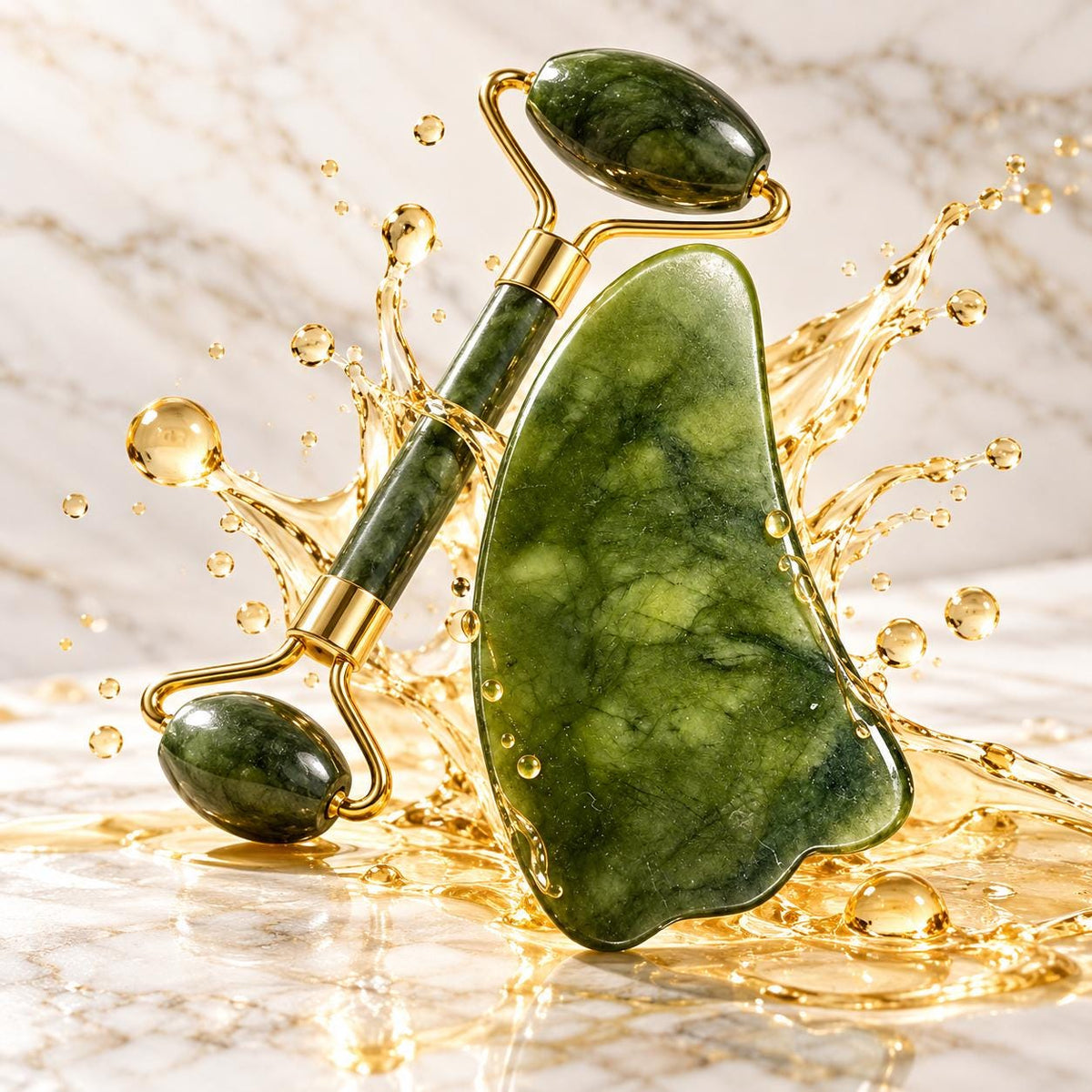 Natural Jade Gua Sha Stone and Facial Roller close-up