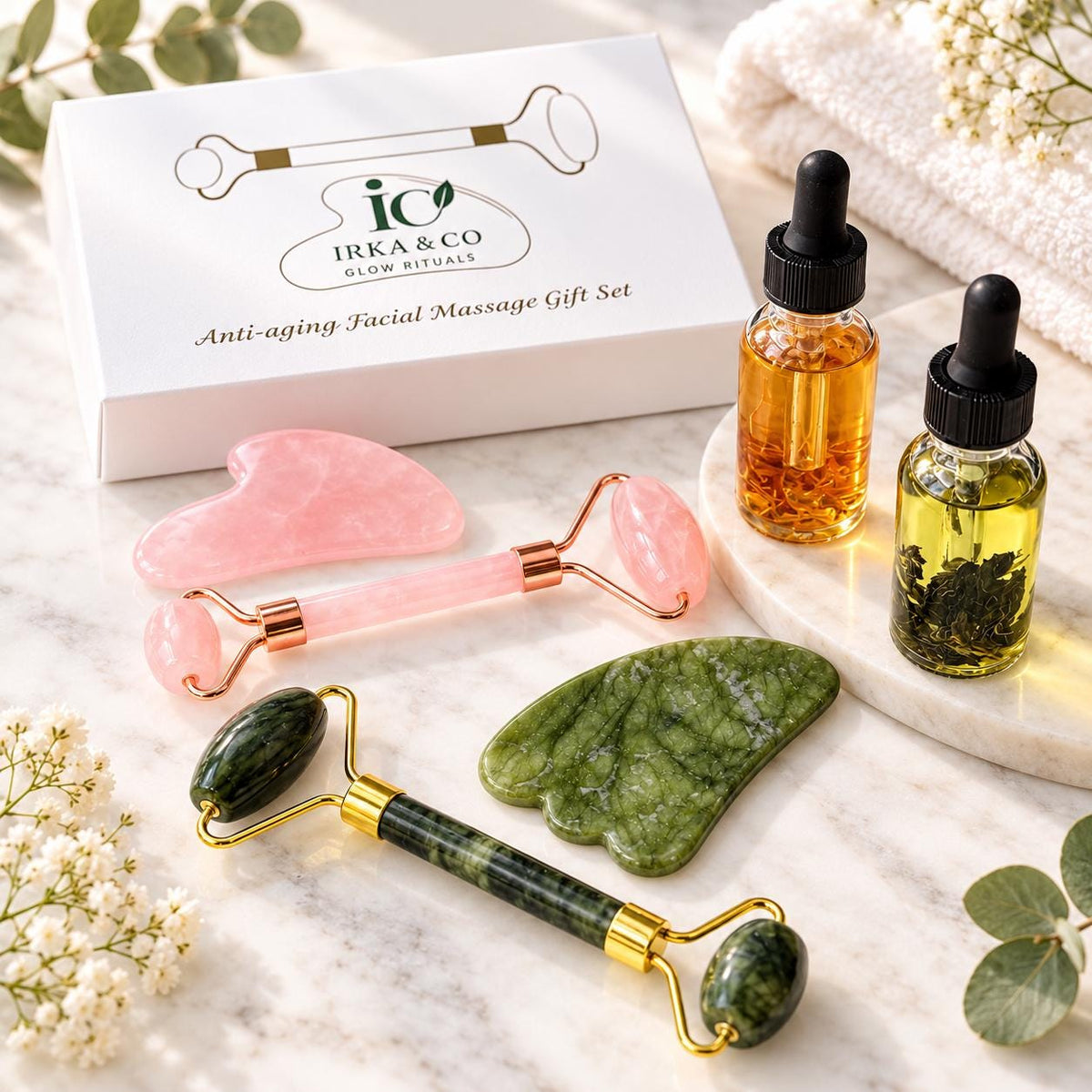 Rose Quartz Gua Sha and Roller Set with botanical oil