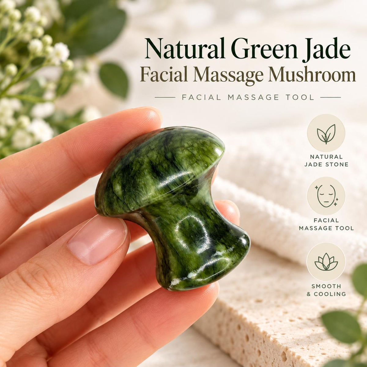 Natural Jade Facial Massage Mushroom held in hand