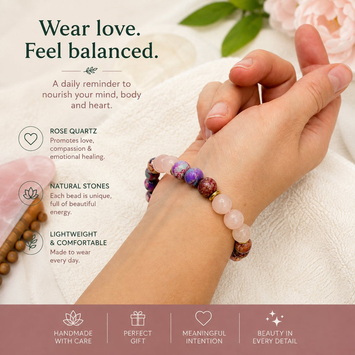 Woman wearing the Rose Quartz & Imperial Stone Love Bracelet, Wear love. Feel balanced.